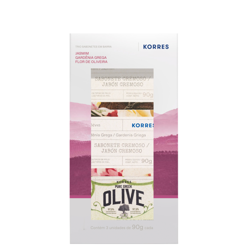 KIT KORRES SABONETE EM BARRA DE JASMIM,GARDÊNIA GREGA E FLOR DE OLIVEIRA 90G CADA